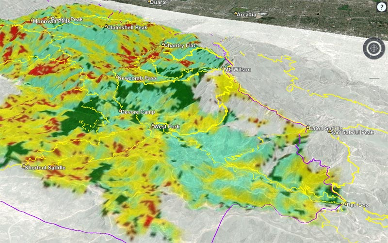 Overview of the Bobcat Fire Soil Burn Severity on the West Fork. Shortcut Saddle is at the bottom left, Red Box bottom right. 