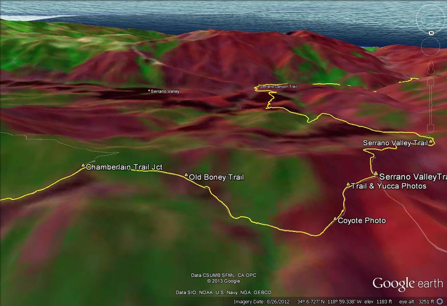 An overlay of a Landsat image of burn severity using Goggle Earth. Generally, on the ground burn severity corresponded well with the image data. For example compare to the images on the Old Boney Trail between the Chamberlain Trail and Serrano Valley Trail. 