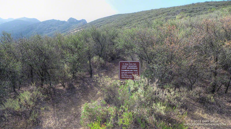 Bottom of the Chamberlain Trail segment of the Backbone Trail. It was a close call for the Chamberlain Trail, but most of it appears to have escaped the fire. May 25, 2013.