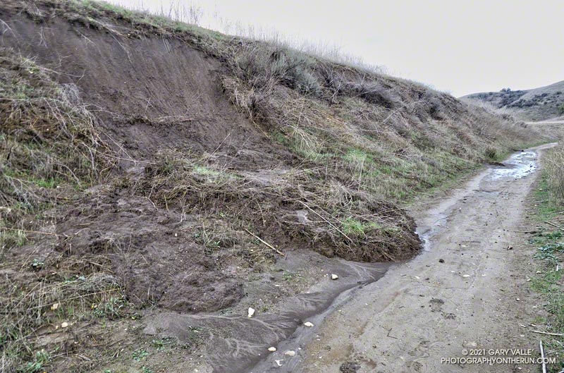 Sluffing of saturated soil along the East Las Virgenes Trail.  December 31, 2021.