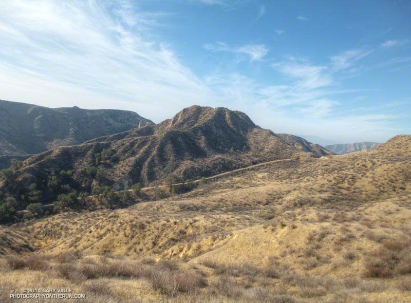 It has not been this dry in February in over a century. We're headed over to the saddle on the right of the photo, then over the saddle and down to the Tapo Open Space aid station. On the way back we follow the road on the other side of the canyon.