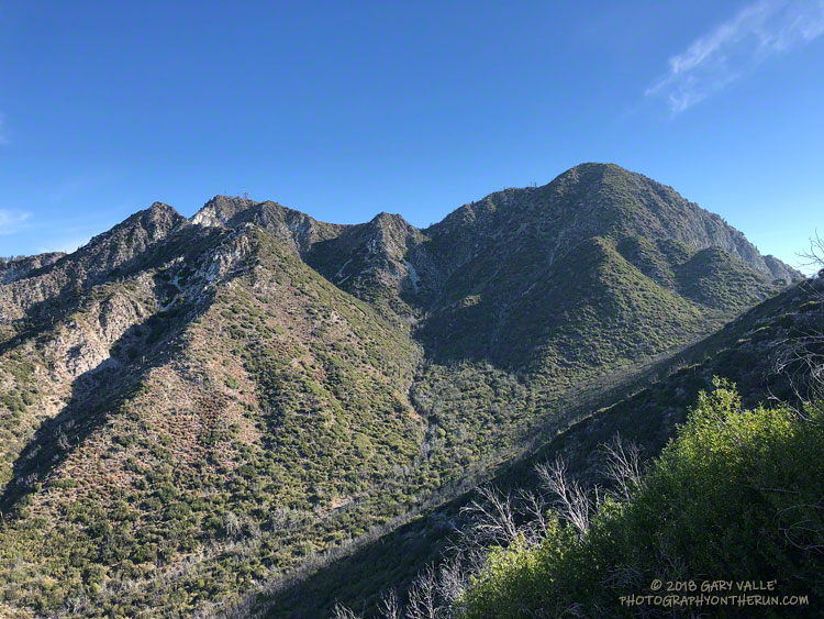 Mt. Disappointment (with towers) and San Gabriel Peak (right)  from Mt. Lowe Fire Road.