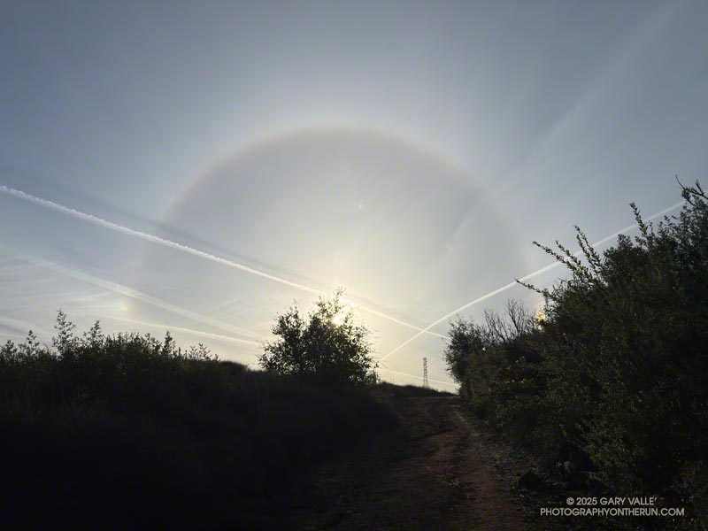 A striking halo was visible for most of the climb up Bulldog. Each contrail cast a shadow on the thin layer of cloud below. March 16, 2025.