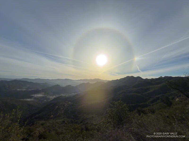 A 22 degree halo, with sundogs and contrails, over the eastern Santa Monica Mountains from the top of Bulldog Mtwy. March 16, 2025.