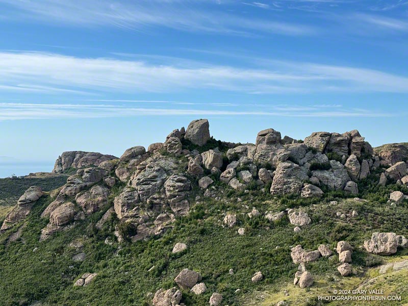 A closer look at Tri Peaks. The top of the large block near the center of the photo is the highest point on Tri Peaks. This is the easternmost summit of Tri Peaks.