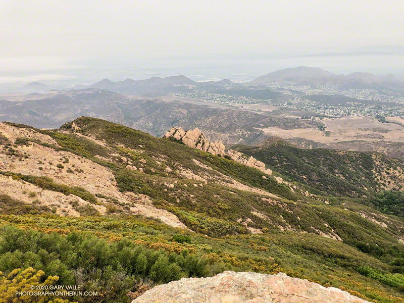 View down the Western Ridge of Boney Mountain, across the Conejo Valley to the Oxnard Plain.