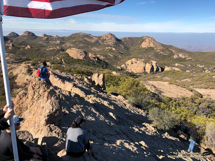 Tri Peaks (center skyline) and other Boney Mountain crags from Sandstone Peak.
