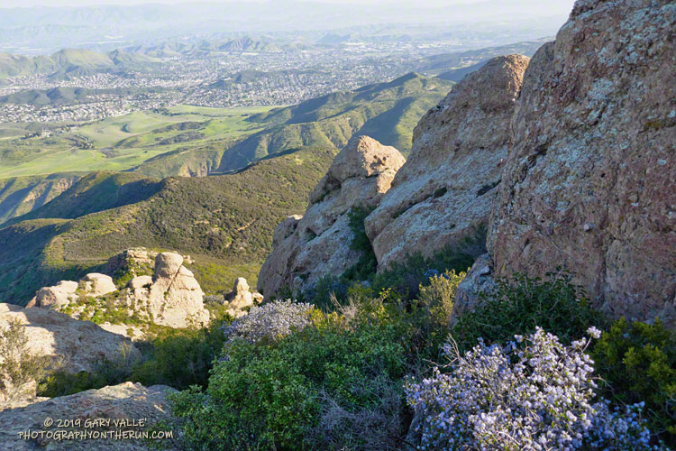 View down the Western Ridge/Mountaineer's Route on Boney Mountain to Satwiwa. The route follows along the westernmost ridge on the north side of Boney Mpuntain. 