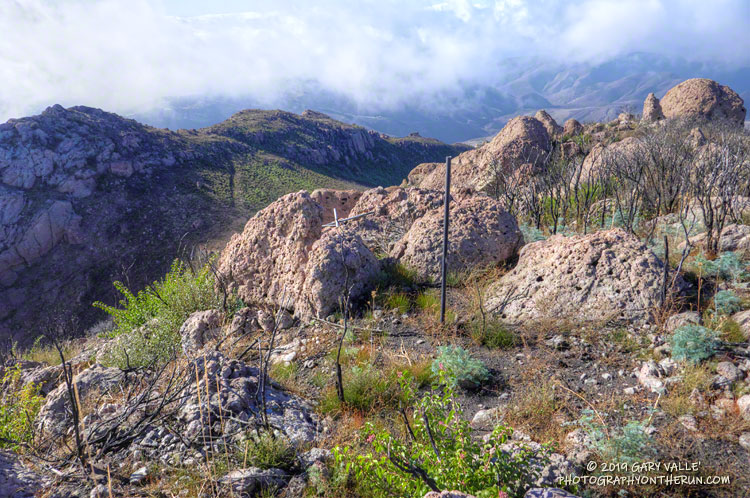 Remnants of a mast assembly on Peak 2880. Oddly, this peak is labeled "Boney Mountain" on various maps, including the USGS 2015 Triunfo Pass quad. In the 2018 edition it was moved to Tri Peaks(?). 