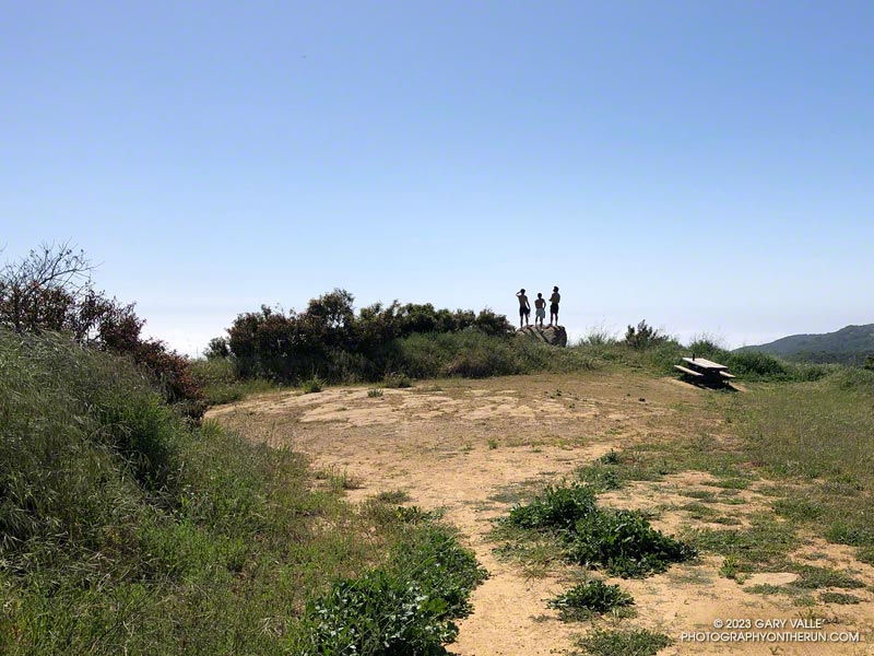 The strenuous hike on the Mesa Peak fire road segment of the Backbone Trail up to this picnic table is popular. It's about 2.5 miles from the Tapia Park parking area to the table, and the trail gains about 1400 vertical feet. 