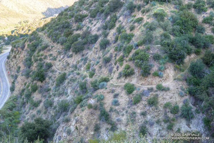 A section of the old Vogel Flat Trail. The start of the catwalk-like trail is across Big Tujunga Canyon Rd. from the turnout where the white car is parked. The trail provides a more direct start for the Condor Peak Trail.