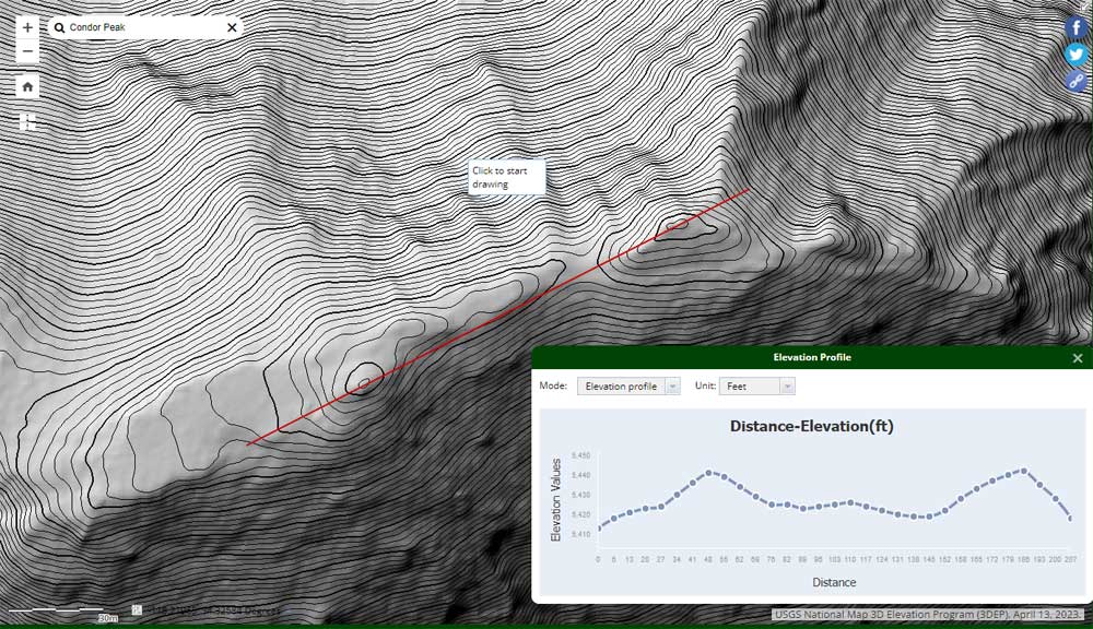 U.S.G.S. Lidar-based 3DEP elevation of Condor Peak with 1m contours. The West and East peaks are virtually at the same elevation.