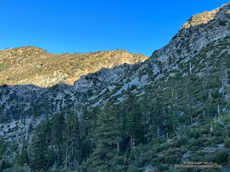 Mt. Islip's east ridge (in sun) from the Windy Gap Trail. The ridge leads down to Windy Gap.