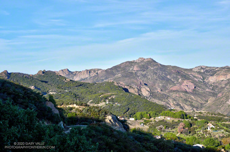 Sandstone Peak (3111') from the Backbone Trail, about 0.5 mile east of the Yerba Buena Road Crossing. Echo Cliffs is on the right margin of the photo.