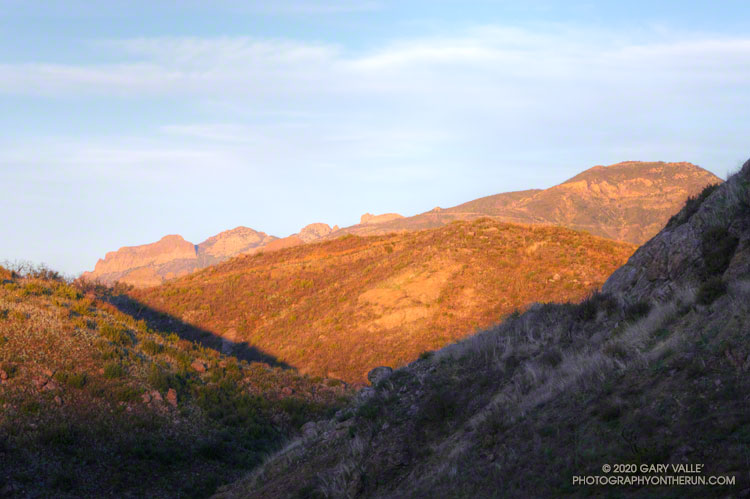A half-mile into the run you can see where the Backbone Trail traverses across the face of Triunfo Lookout, about 7.5 miles from the Encinal Canyon trailhead. The peak is on the right of the photo.