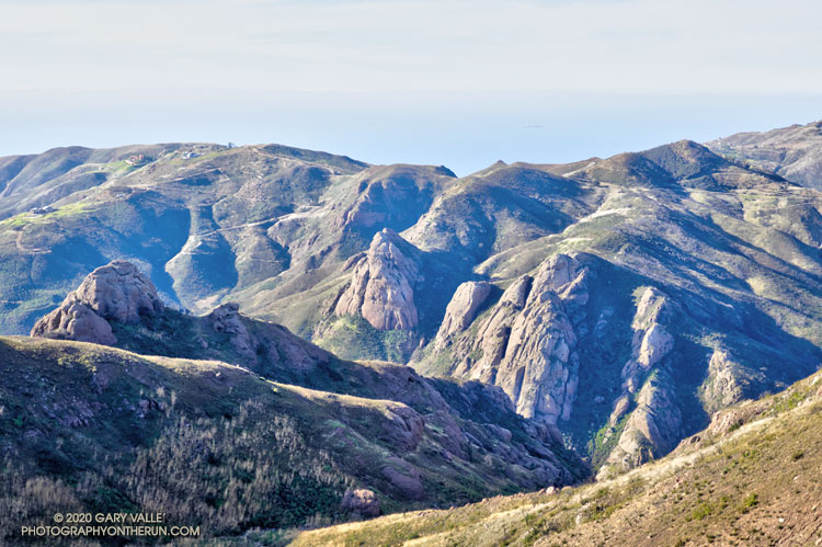 Dramatic rock formations along the West Fork Arroyo Sequit. The Grotto (accessed from Circle X) is deep in the canyon on the right side of the photo.