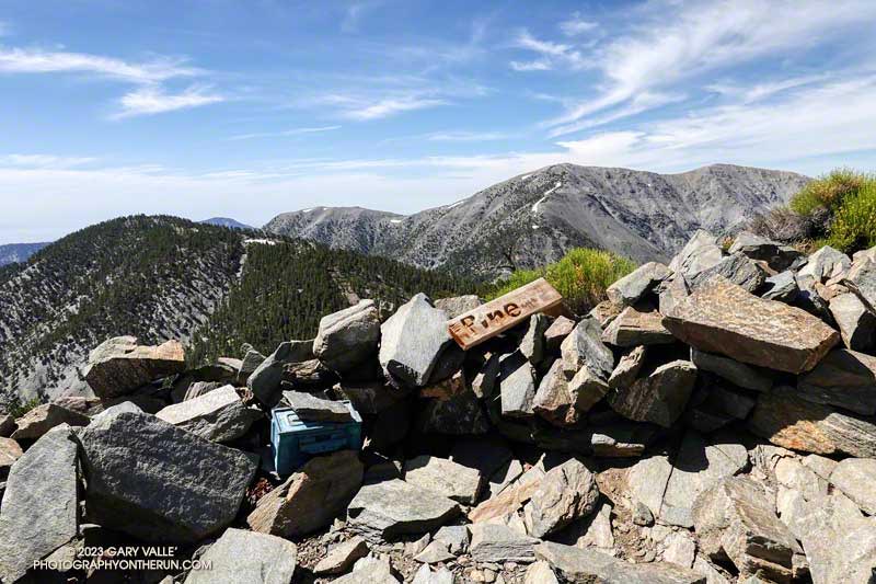 The south summit of Pine Mountain with Dawson Peak and Mt. Baldy beyond. According to 3DEP Lidar data, all of Pine Mountain's broad summit area is at about 9650'.