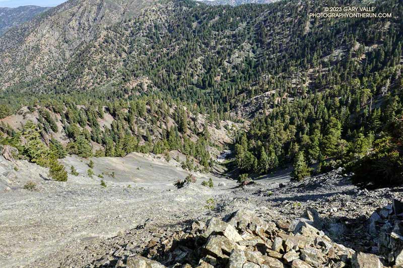 Looking down a steep, rocky chute on the crest of Baldy's North Backbone. There's a patch of avalanched snow at the bottom. July 30, 2023.