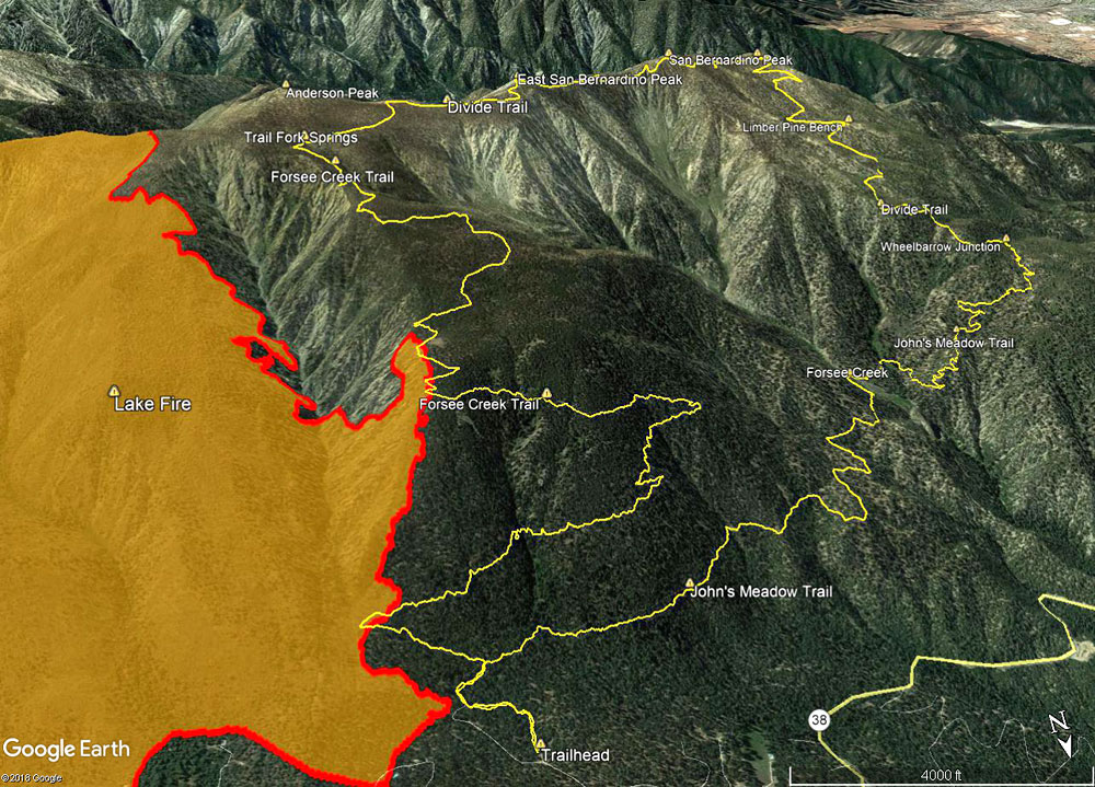 A Google Earth image of my GPS track of the John's Meadow Trail - Forsee Creek Trail Loop showing where the Forsee Creek Trail enters the area burned in the 2015 Lake Fire.