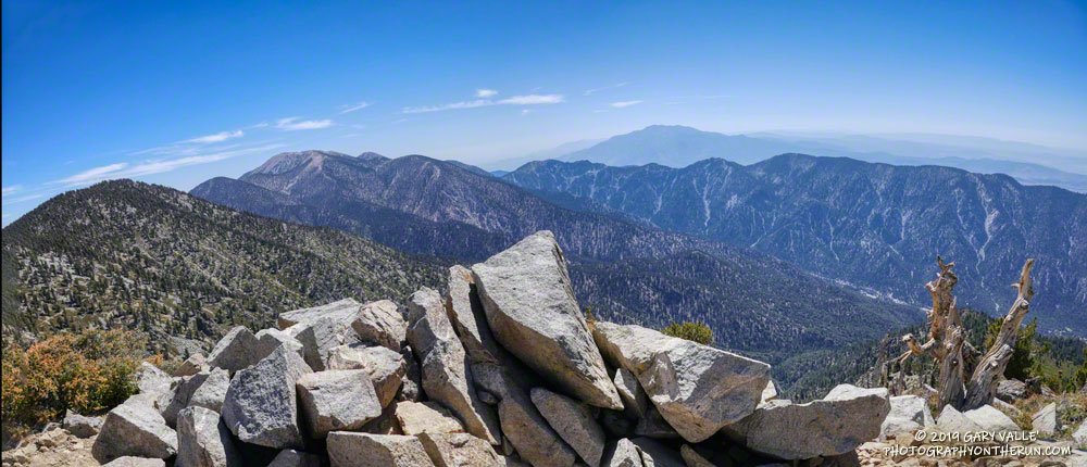 San Gorgonio Mountain (11,499') and San Jacinto Peak (10,839') from East San Bernardino Peak (10,691'). San Gorgonio is left of center in the photo and San Jacinto is in the distance just right of center.