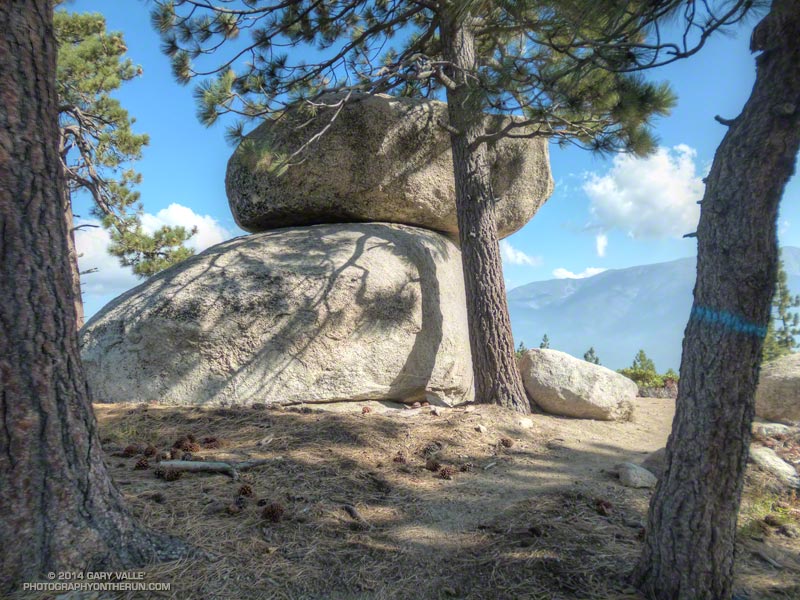 This perched boulder near Grand View looked like it might have some interesting rock climbing moves. As I rounded the corner I was startled by a climber folding up his crash pad and getting ready to move on to his next boulder problem. (Photo @ mile 38.8/91.4)