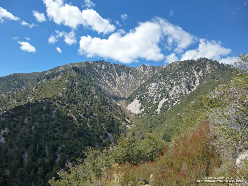 Slide Peak (7841') from the Camp Creek Trail. The summit is at the top of the Snow Valley ski area. (Photo @ mile 25.8/78.5)