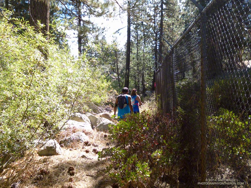 Jump to the other side of Hwy 18. (The food and aid at Camp #3 was excellent. Thank you!) The fence borders Snow Valley ski area and leads to an area used for snow play. (Photo @ mile 23.2/75.9)