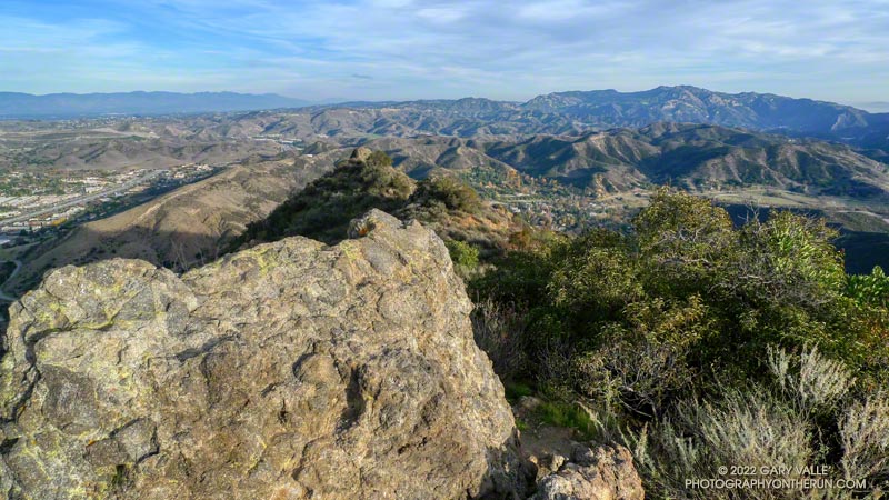 Afternoon view east from the summit of Ladyface, taken on a previous ascent. The San Gabriel Mountains are on the left and Saddleback Peak on the right. Heartbreak Ridge and most of the route from the Phantom Trailhead extend across the photo.