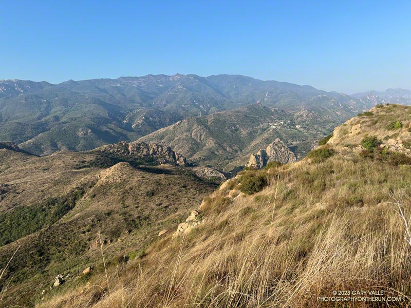 View southwest from "Lake Vista Butte" across Malibu Creek drainage to Bulldog Mtwy and Castro Peak.