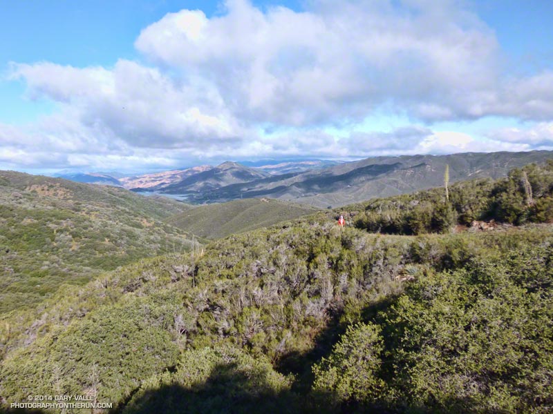 It had rained and snowed a little overnight and the weather was amazing. This is at about mile 10.6 looking back at Bouquet Canyon and Reservoir and the course beyond.