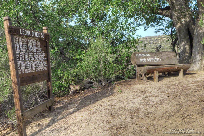 The tribute to Bob Kimmerly, whose vision resulted in the first Leona Divide 50 mile race in 1992. The bench is about 0.8 mile from the Spunky-Edison Rd. Aid Station.
