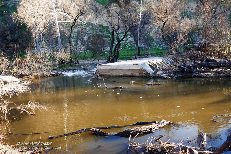 View of the footbridge on Crags Road from the Forest Trail-side of Malibu Creek. March 16, 2019.