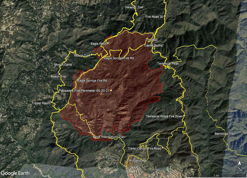 Palisades Fire Perimeter and some area trails. The perimeter has a timestamp of 2021/05/20 08:36:18+00 and was downloaded from the NIFC.The locations of placemarks, trails, and other data is approximate and subject to error.