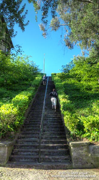 There are two sets of steps. The first set of steps is the steepest.