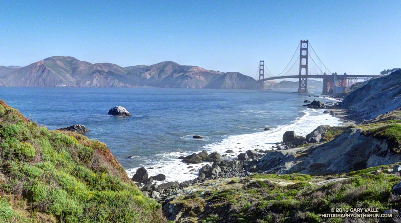 Coastal bluffs, the Golden Gate Bridge and Marin Headlands from the Batteries to Bluffs Trail near Battery Crosby.