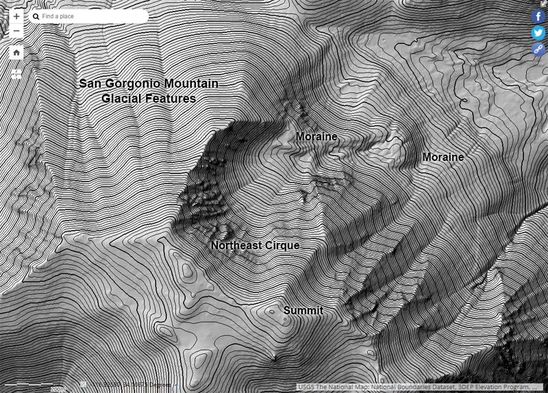 USGS Lidar showing the northeast cirque of San Gorgonio and some glacial features.