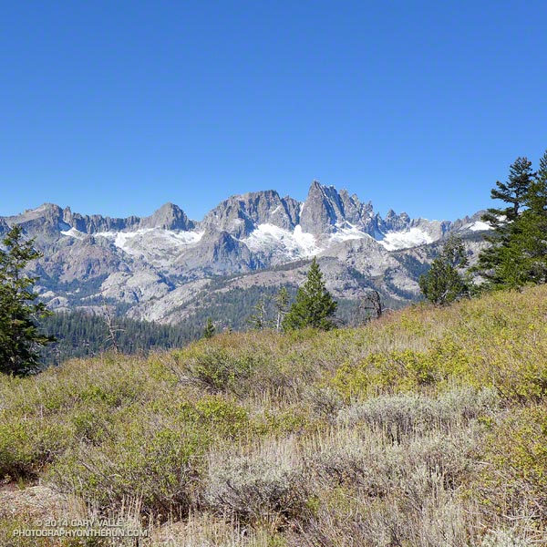 The iconic view of the Minarets from near Minaret Summit on San Joaquin Ridge. Clyde Minaret, the highest of the Minarets, is named after the fabled Sierra climbing pioneer Norman Clyde. Clyde did the first ascent of the peak in 1928.