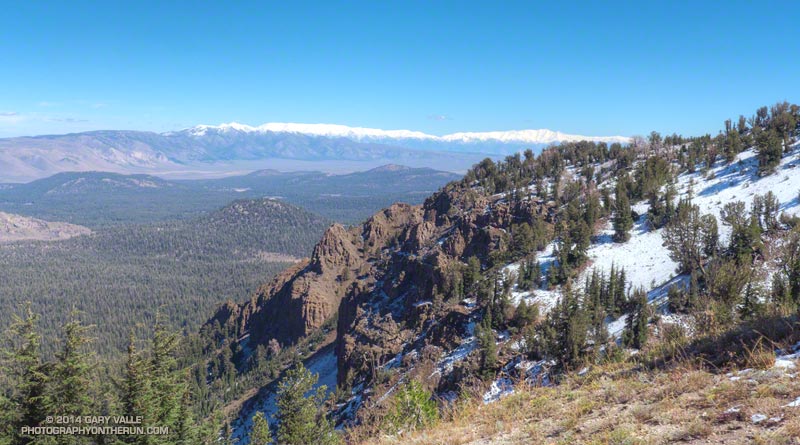 Andesite volcanic rock on the east side of Deadman Pass. The cone-shaped hill in the valley is Deer Mountain. One of the three Inyo Craters is on its summit. A tongue of Obsidian Dome is on the left.