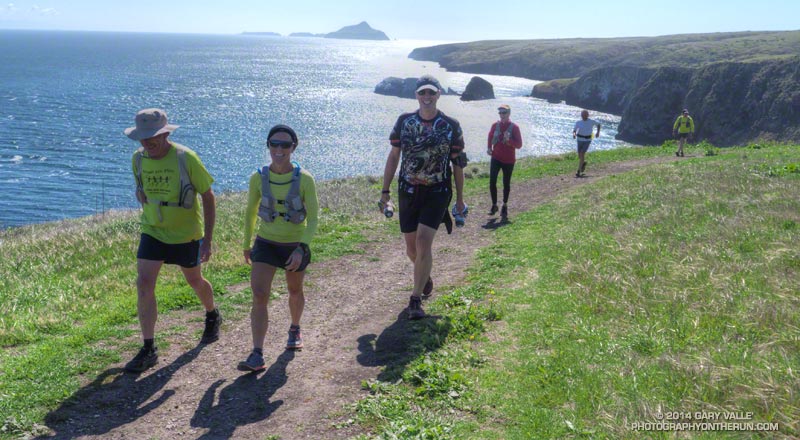 Art, Ann, Bert, Phil, Ernie and Bud climbing up toward Cavern Point. Anacapa Island can be seen in the distance.