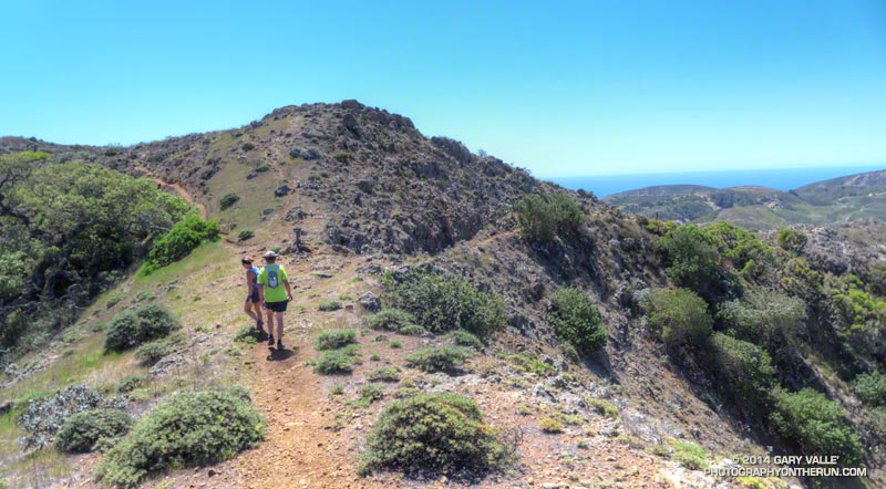Ann and Art at a fork in the trail on Montañon Ridge. The right fork leads down to the Navy Road and eventually to Prisoner's Harbor. The left fork leads to "El Montañon" the high point of East Santa Cruz Island.