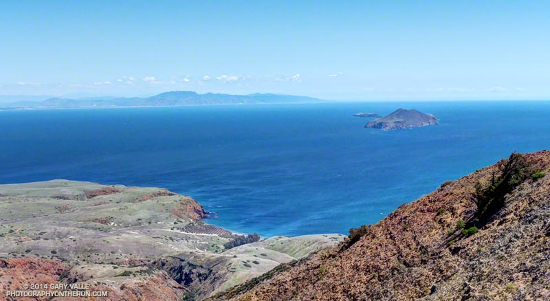 Smuggler's Cove, Anacapa Island and in the distance, Boney Mountain. That's a grove of olive trees at Smuggler's Cove.