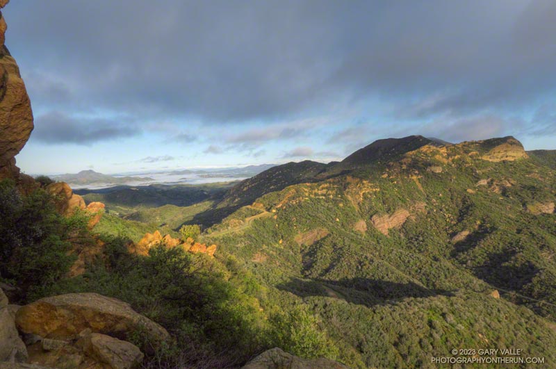 Calabasas Peak at sunrise from Topanga Lookout Ridge. February 26, 2023.