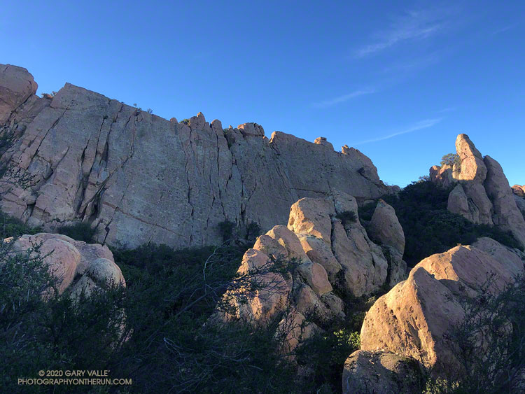 Corpse Wall and other rock formations along the Backbone Trail near Saddle Peak. This is about 6.3 miles into the run.