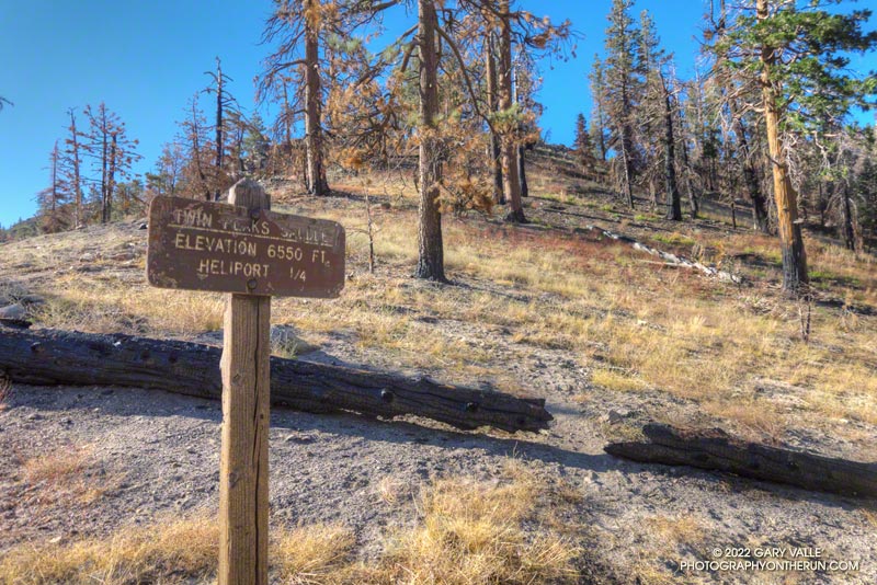 Twin Peaks Saddle -- the second of two saddles on the Twin Peaks Trail. It's all up from here. August 28, 2022.